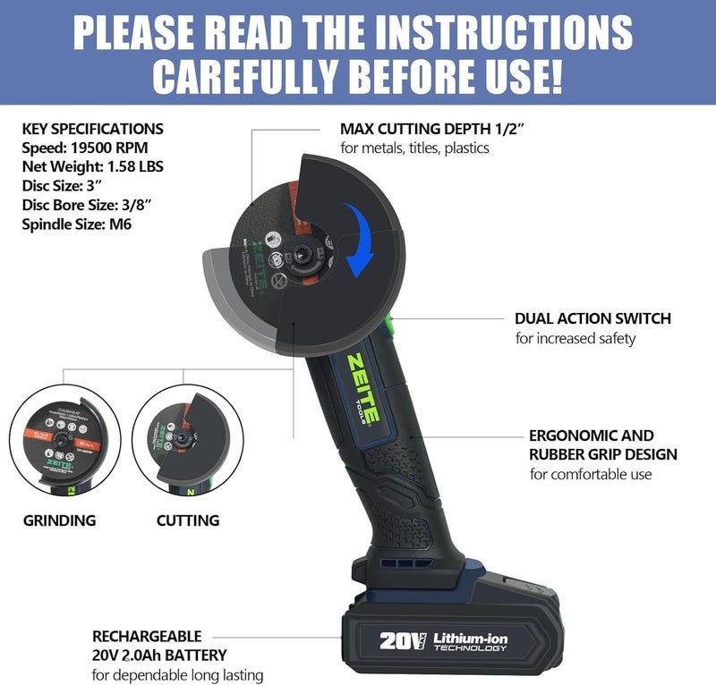 zeite 3" Cordless Cut Off Tool,20V Mini Multi-Cutter,Portable Metal Chop Saw,Max Cutting Depth 1/2",3 Cutting Discs & 1 Flap Disc,2.0Ah Battery and Fast Charger - Image 3